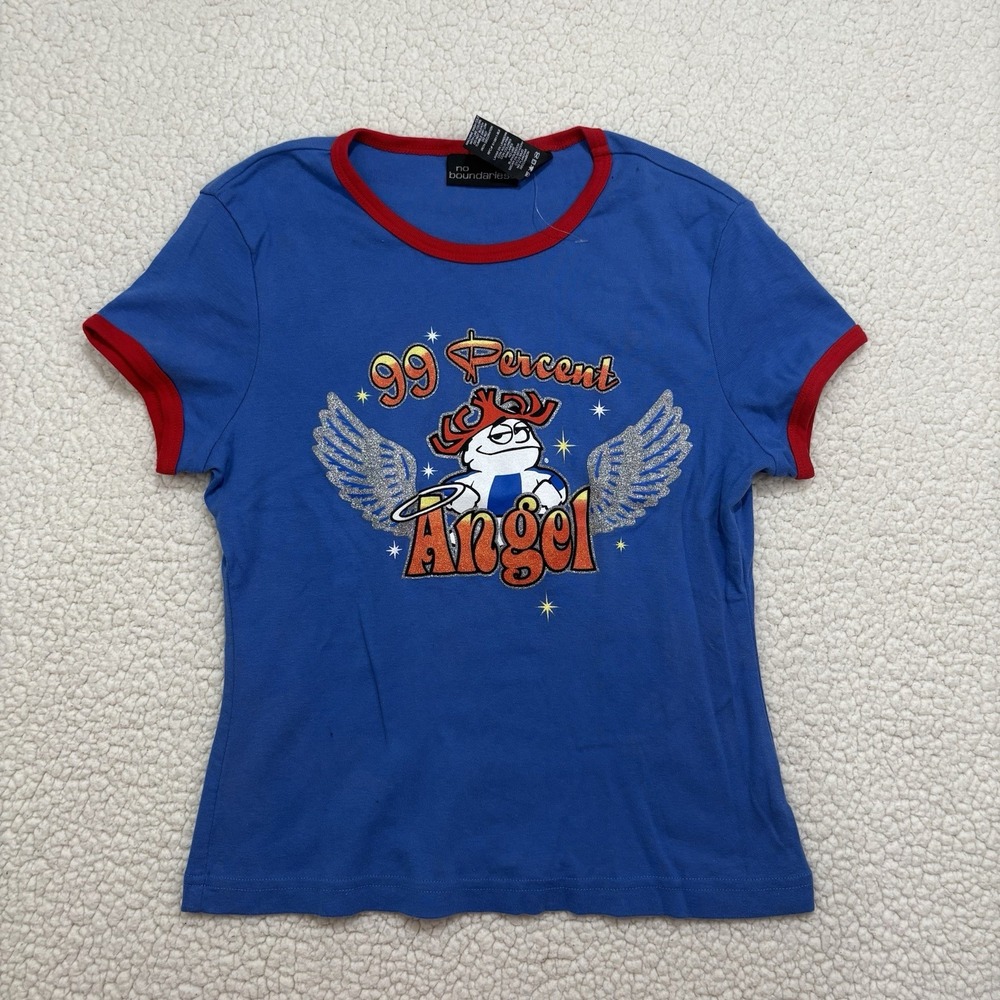 No Boundaries Y2K Baby Tee Angel Graphic Juniors Large 11/13 Ringer Slogan Top